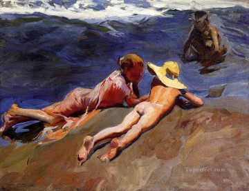 砂の上 バレンシア 1908 年のビーチ 子供の印象派 Oil Paintings